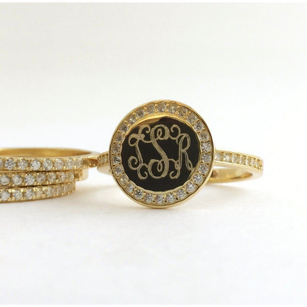 Monogram Stackable Ring Gold Plated, Rose Gold Plated or Sterling Silver-Stackable Cubic Zirconia Ring-Monogrammed Stackable Ring Sterling Silver