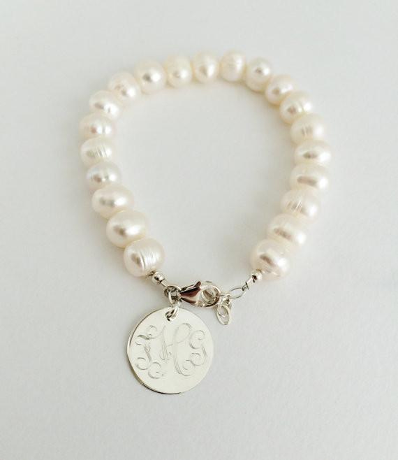 Monogram Charm Bracelet Engraved Pendant and Pearl Bracelet in Brushed Silver or Gold Personalized Jewlery